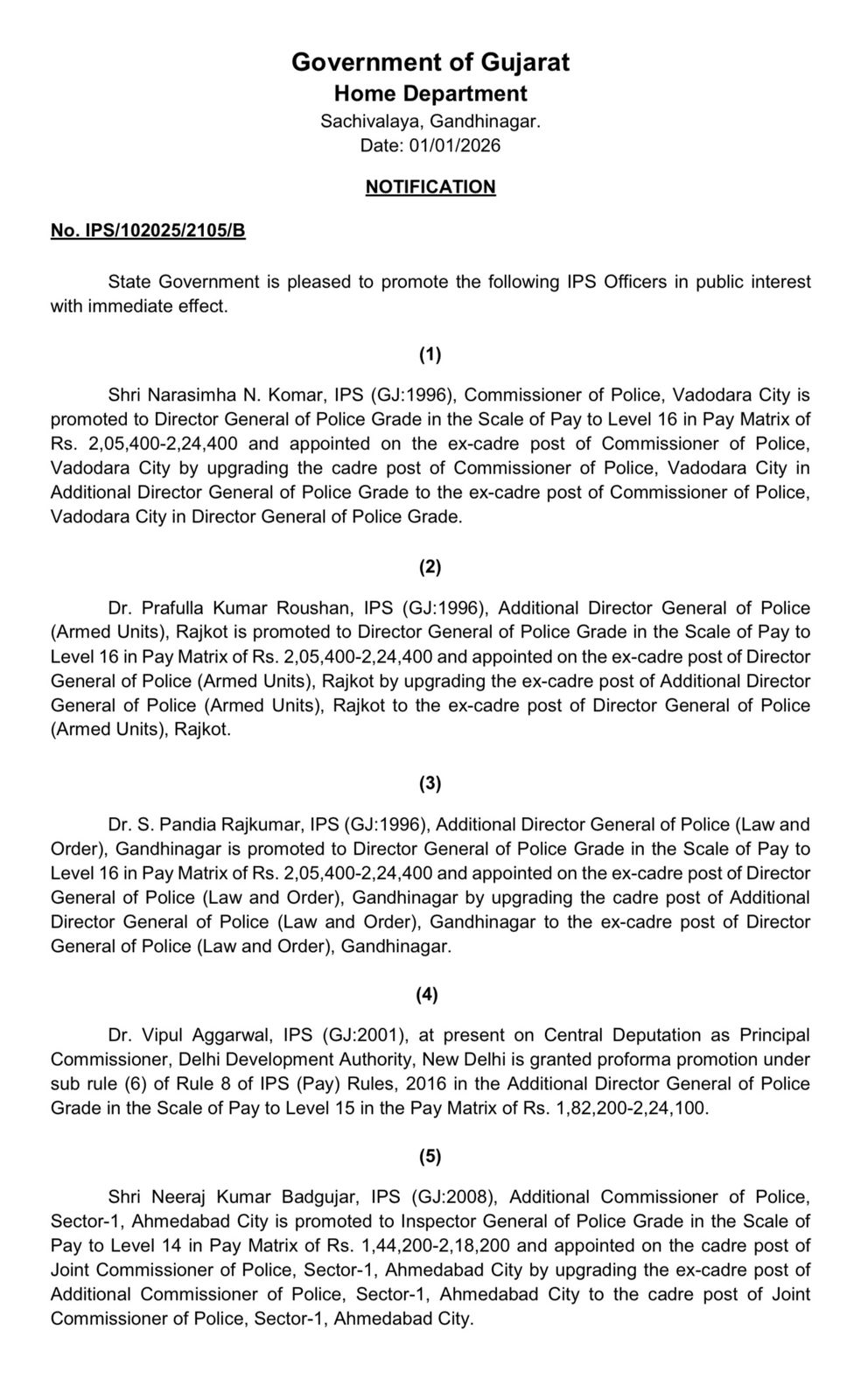 IPS અધિકારીઓના પ્રમોશનનું લિસ્ટ