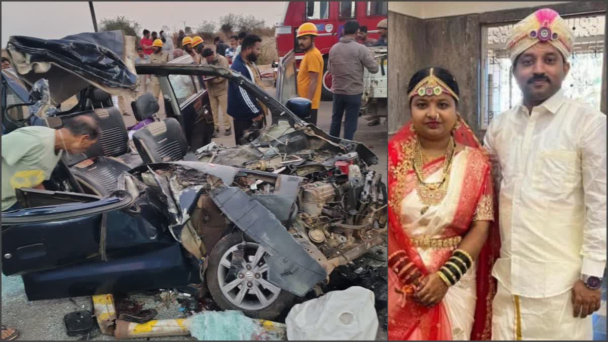 HAVERI  COUPLE DIED IN ACCIDENT  CAR HITS LORRY  ಅಪಘಾತದಲ್ಲಿ ನವದಂಪತಿ ಸಾವು  NEWLY WEDDING COUPLE DIED