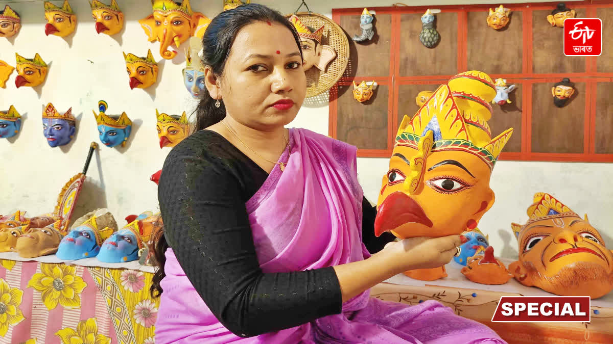 Juri Moni Kalita from Bengenaati Satra in Majuli achieved self-reliance by mask-making