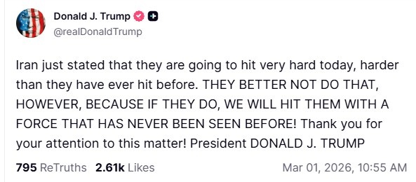 Screengrab of Donald Trump's Truth Social post