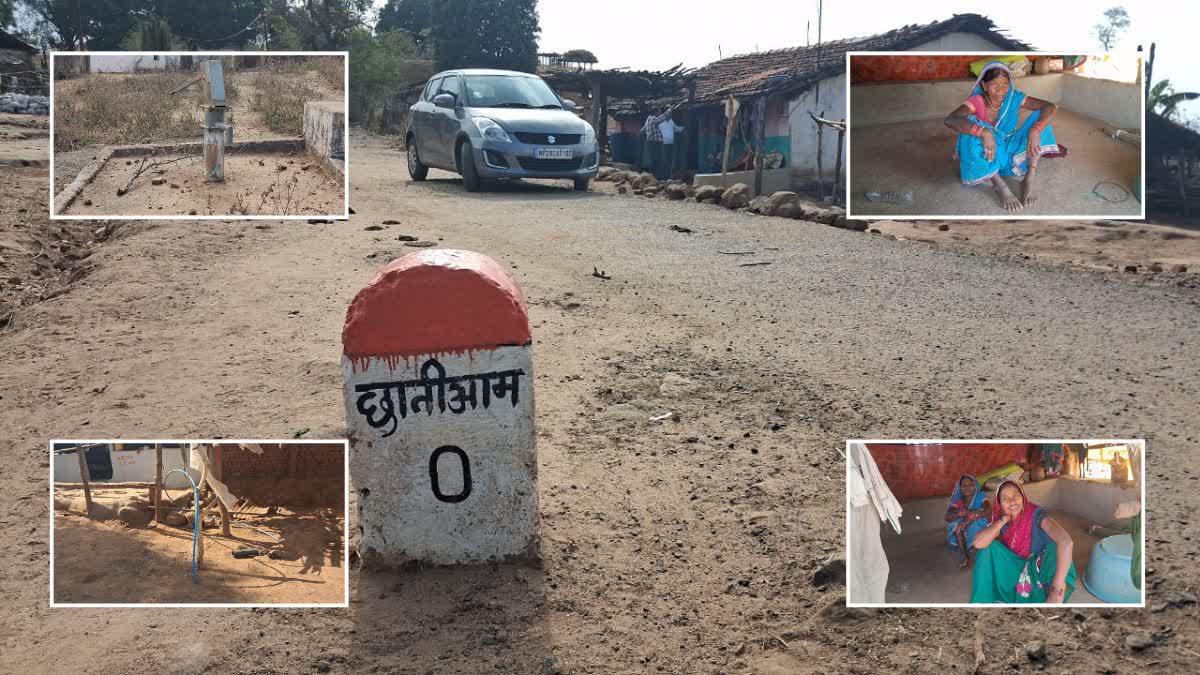 Chhatiam village, Chhindwara, MP and (insets, clockwise from L bottom) sole working well, dry handpump, villagers