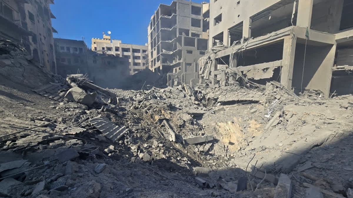 Rubble of a destroyed building is pictured at the site of an Israeli strike in the southern Lebanese city
