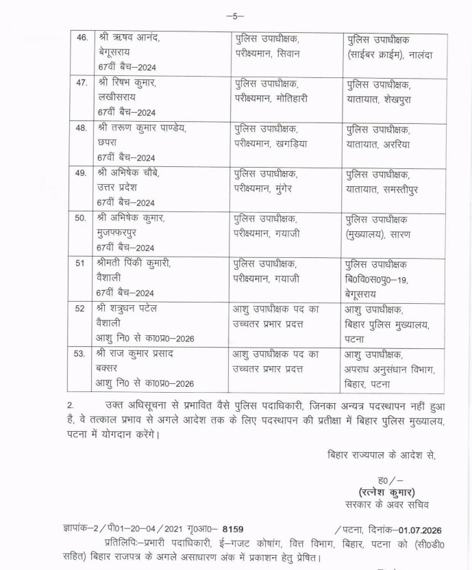 DSP TRANSFER IN BIHAR