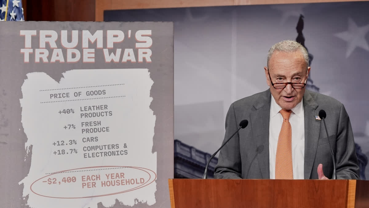 Trump Signs Order Imposing New Tariffs On A Number Of Trading Partners That Go Into Effect In 7 Days Sen. Minority Leader Chuck Schumer of N.Y., speaks during a news conference on tariffs on Capitol Hill, Thursday, July 31, 2025, in Washington.