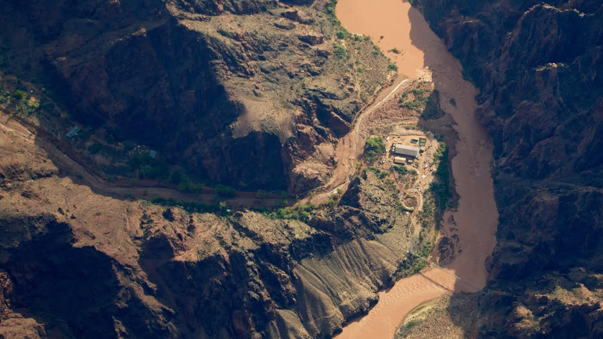 Bright Angel Canyon, damaged by flash floods, runs into the Colorado River in the Grand Canyon, Monday, Aug. 31, 2026, at Grand Canyon National Park, Ariz.