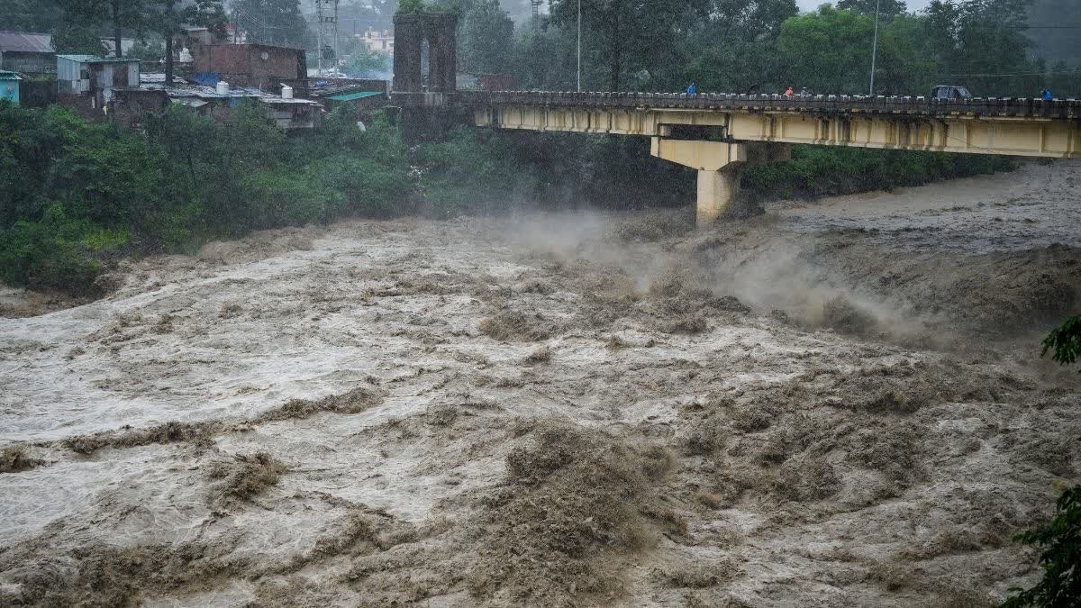 A view of the swollen Gaula river in spate following heavy rainfall in Haldwani on Tuesday, September 1, 2026.
