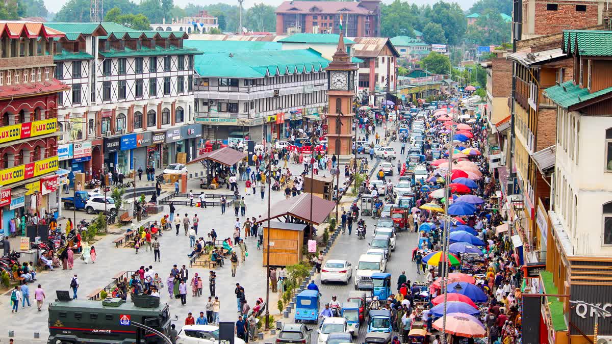 An aerial view of the clock tower at Lal Chowk area of Srinagar