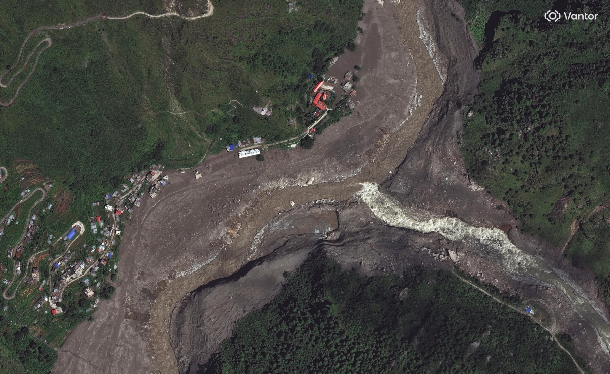 This satellite image provided by Vantor shows destruction at Syapru Besi, Nepal on Thursday, Aug. 27, 2026.
