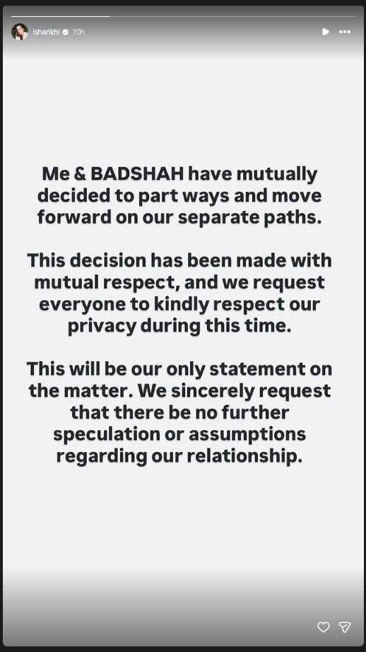 Rapper Badshah and Actress Isha Rikhi Announce Separation