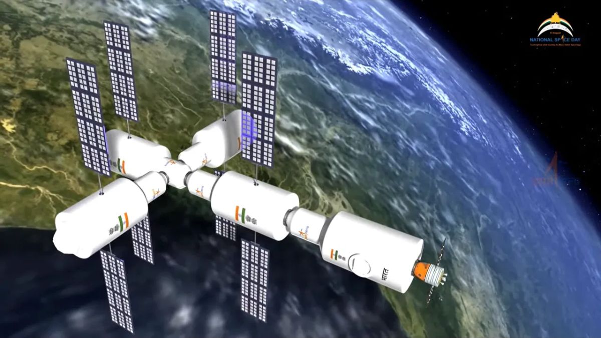 A 3D rendition of Bhartiya Antariksh Station in the space