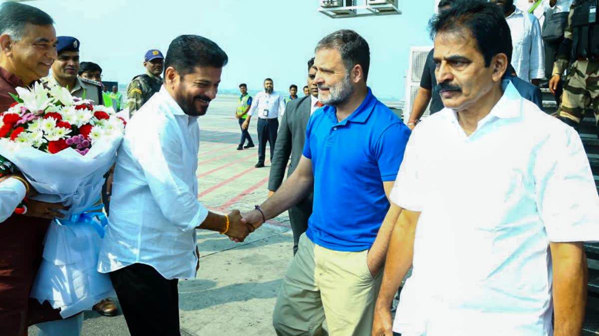 Telangana CM Revant Reddy greets Rahul Gandhi in Hyderbad on Monday.