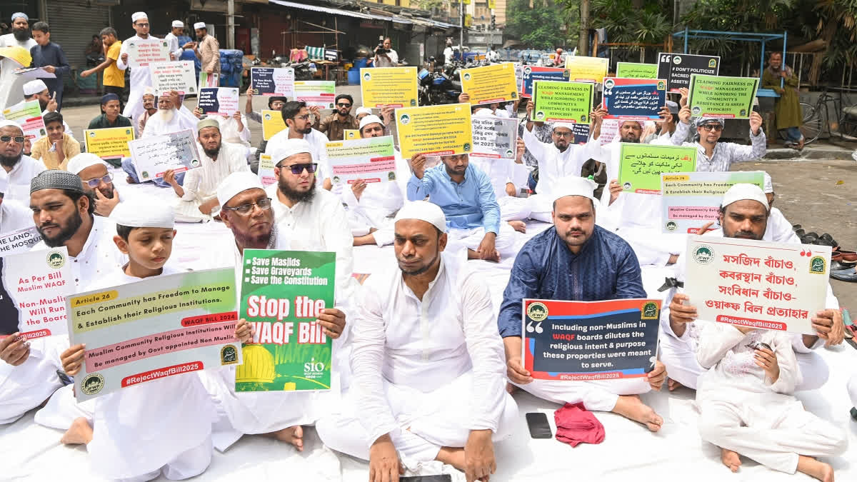 Members of the Joint Forum of Waqf Protection stage a protest against the Waqf Amendment Bill 2024, in Kolkata.
