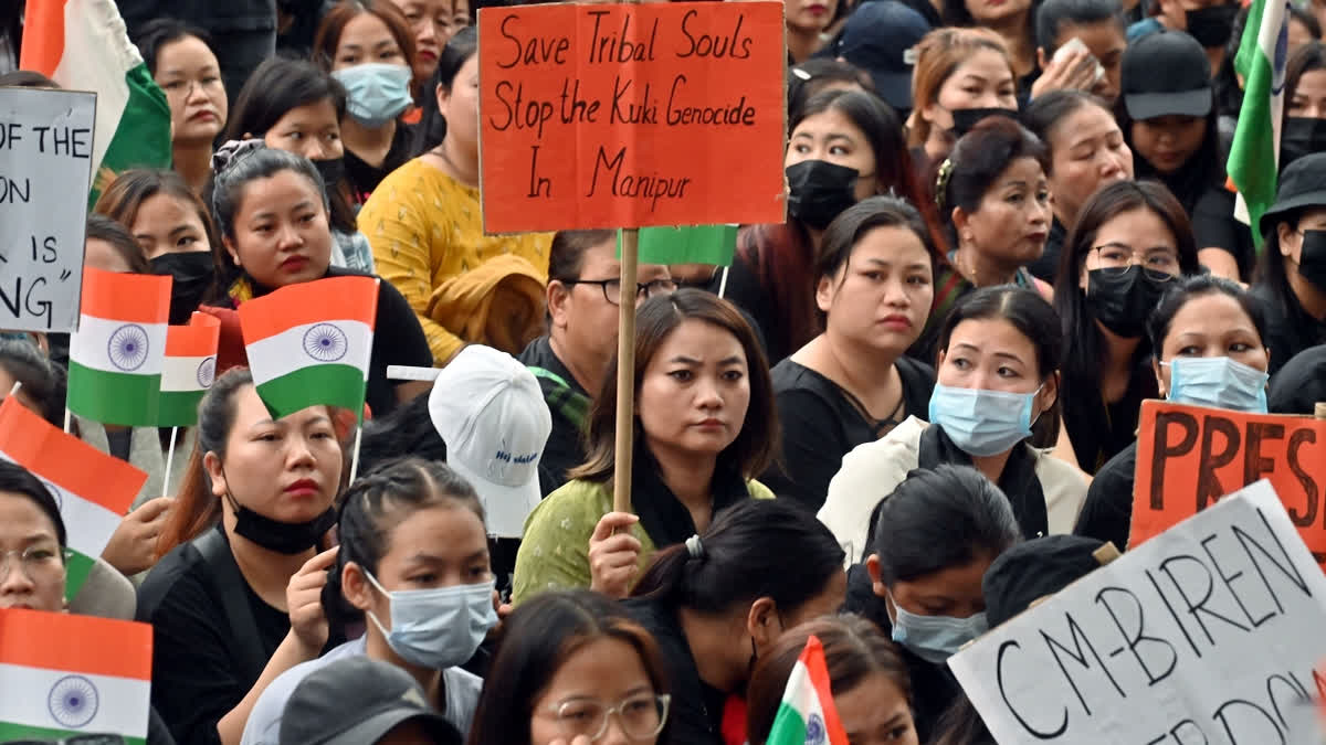 Kuki Groups Set Up Three Pre-Conditions Ahead Of April 5 Talks In Delhi Manipuri women of Kuki community, stage a protest demanding ban of Meitei group in Manipur, at Jantar Mantar in New Delhi on Monday.