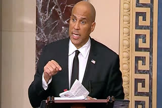 In this image provided by Senate Television, Sen, Cory Booker, D-N.J. speaks on the Senate floor, Tuesday morning, April 1, 2025.