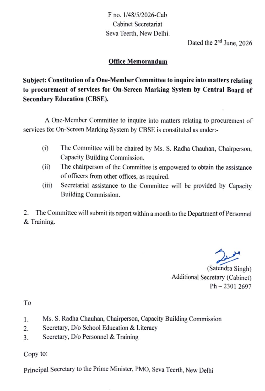 CBSE Chairman Secretary Transferred