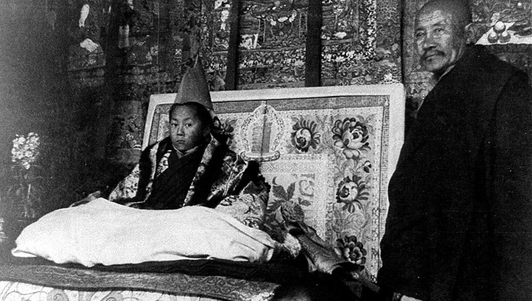 The Dalai Lama on the throne during his official enthronement ceremony in Lhasa, Tibet on February 22, 1940.