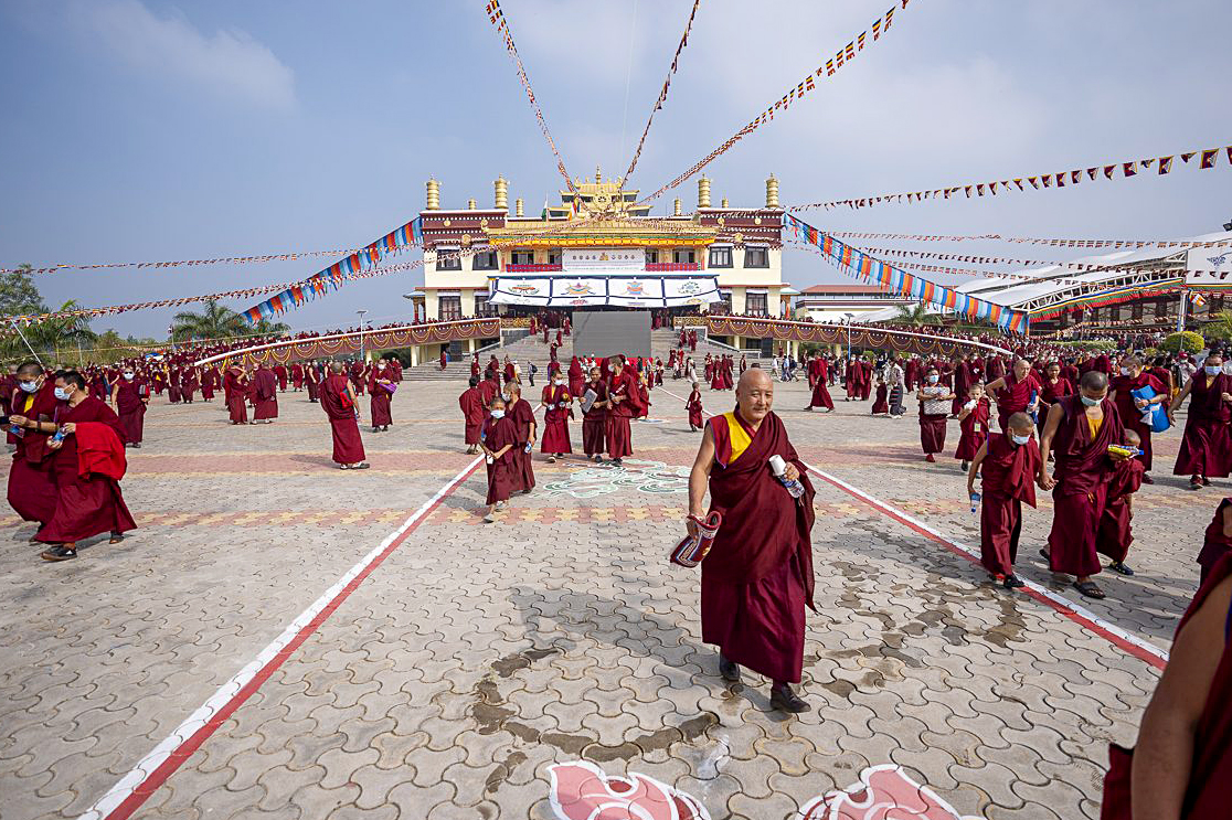 Monks attend a prayer ceremony by Tibetan Spiritual leader Dalai Lama (unseen) at Tashi Lhunpo Monastery in memory of the victims of the earthquake in Tibet, in Bylakuppe on Jan 9 2025.