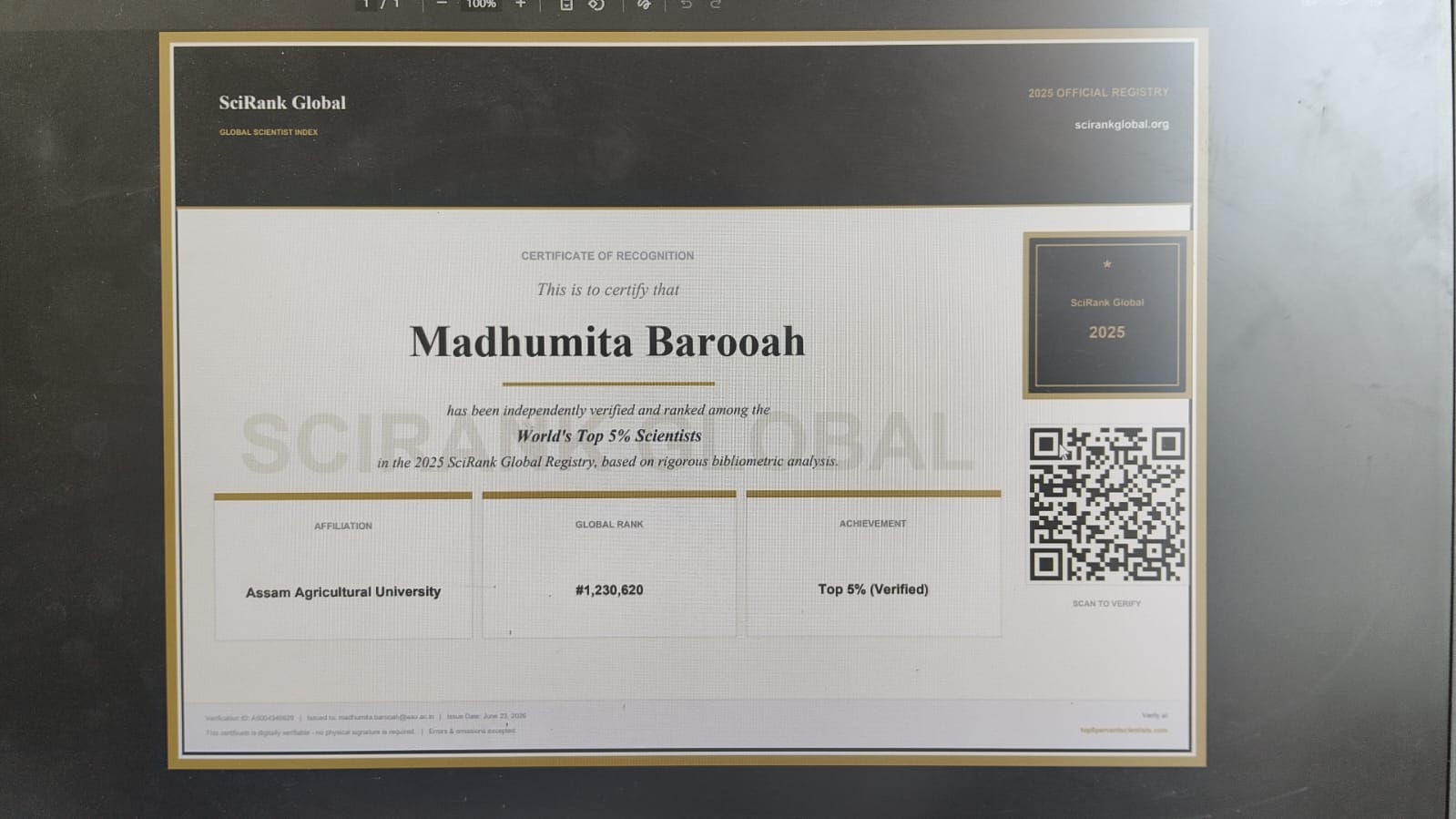 Professor Dr. Madhumita Baruah is listed among the top 5% of scientists in the world
