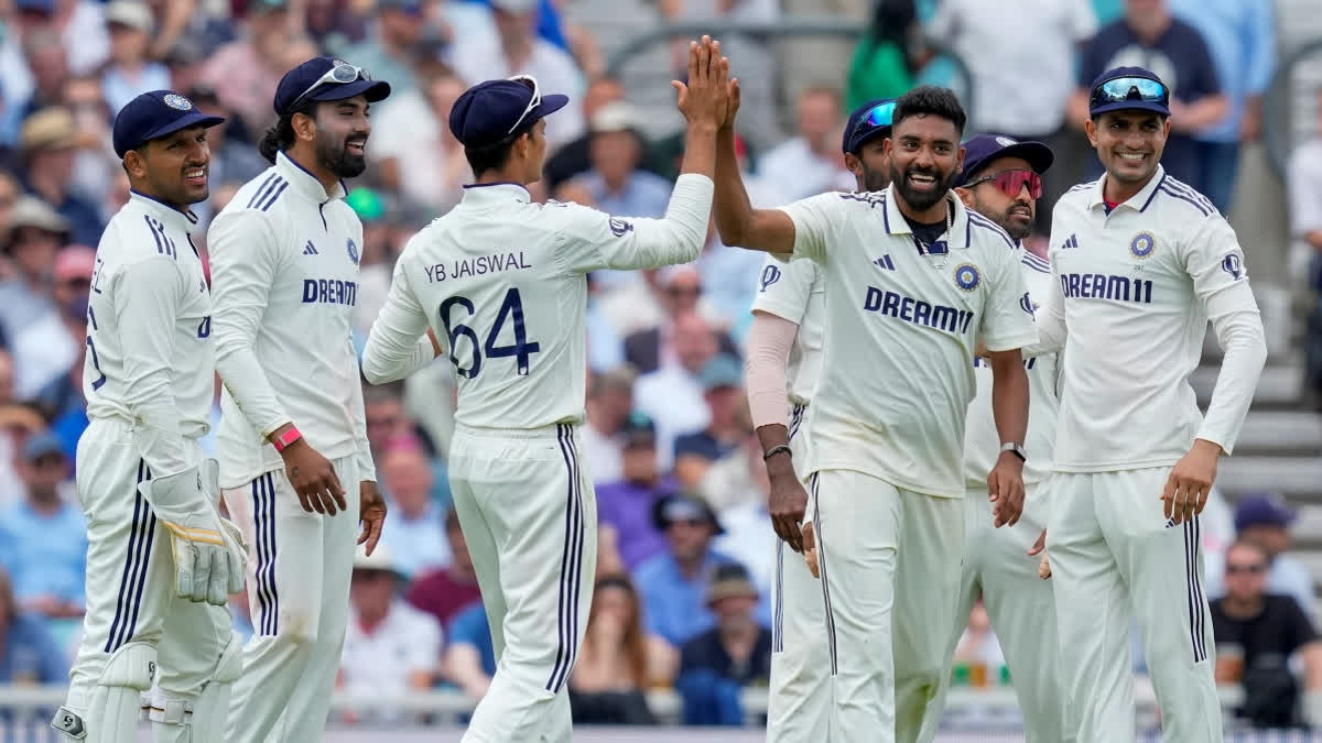 India's Mohammed Siraj with teammates celebrates after taking the wicket of England's Jacob Bethell during the second day of the fifth Test cricket match between India and England, at The Oval, in London, Friday, Aug. 1, 2025.