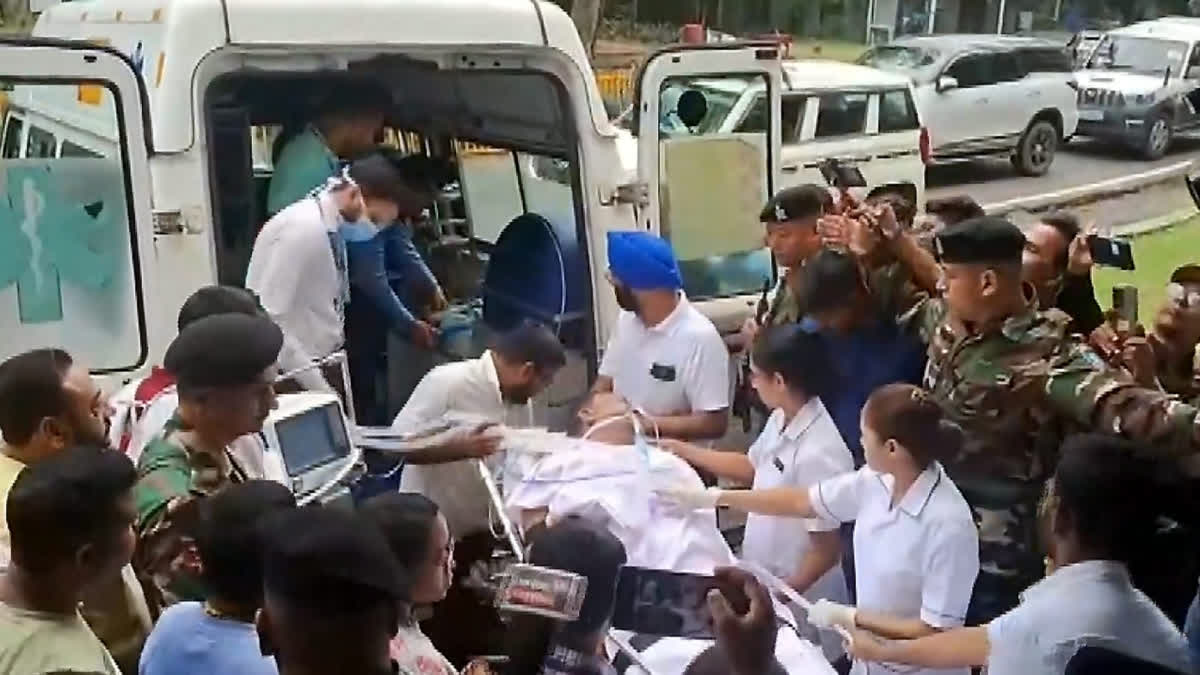 Jharkhand Minister Ramdas Soren being brought to a hospital after he fell in his house, in Jamshedpur, Saturday, Aug. 2, 2025.