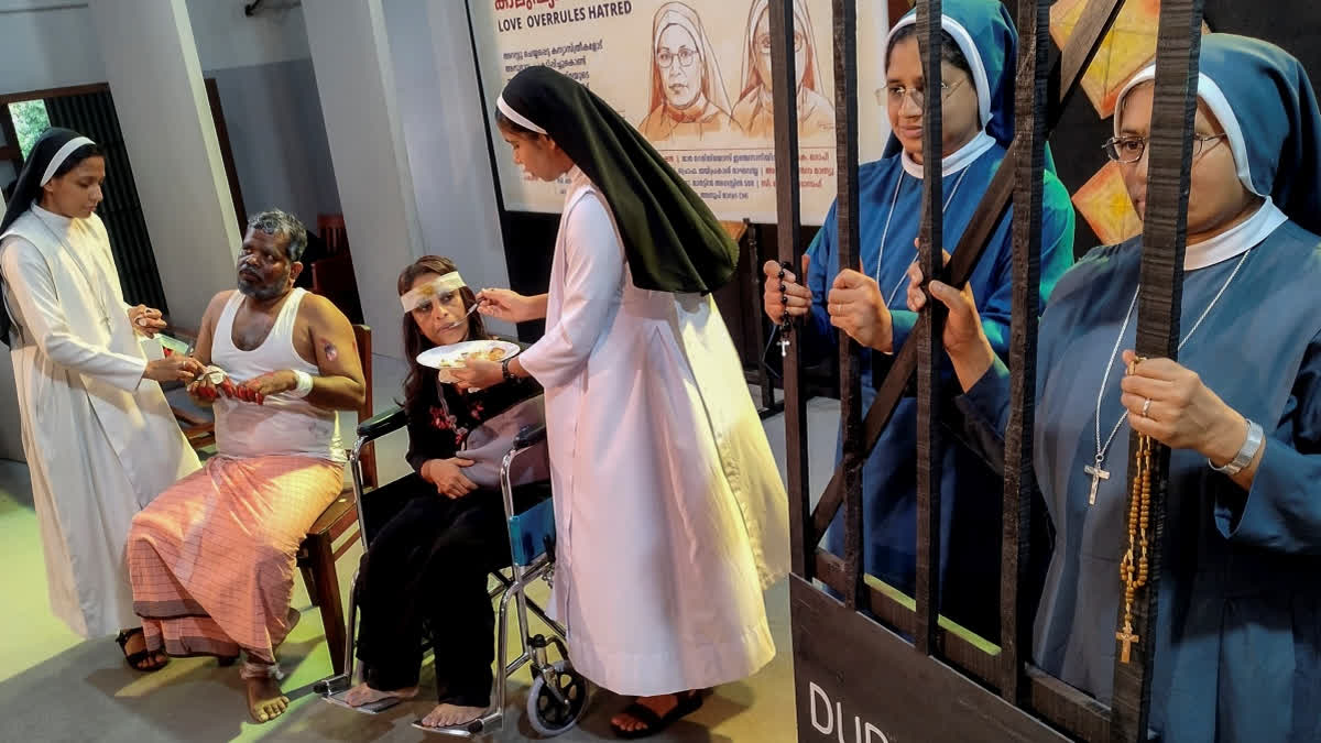 An act being staged as part of a protest against the arrest of two Kerala nuns on allegations of forcible conversion and trafficking in Chhattisgarh, in Kozhikode, Kerala, Friday, Aug. 1, 2025.
