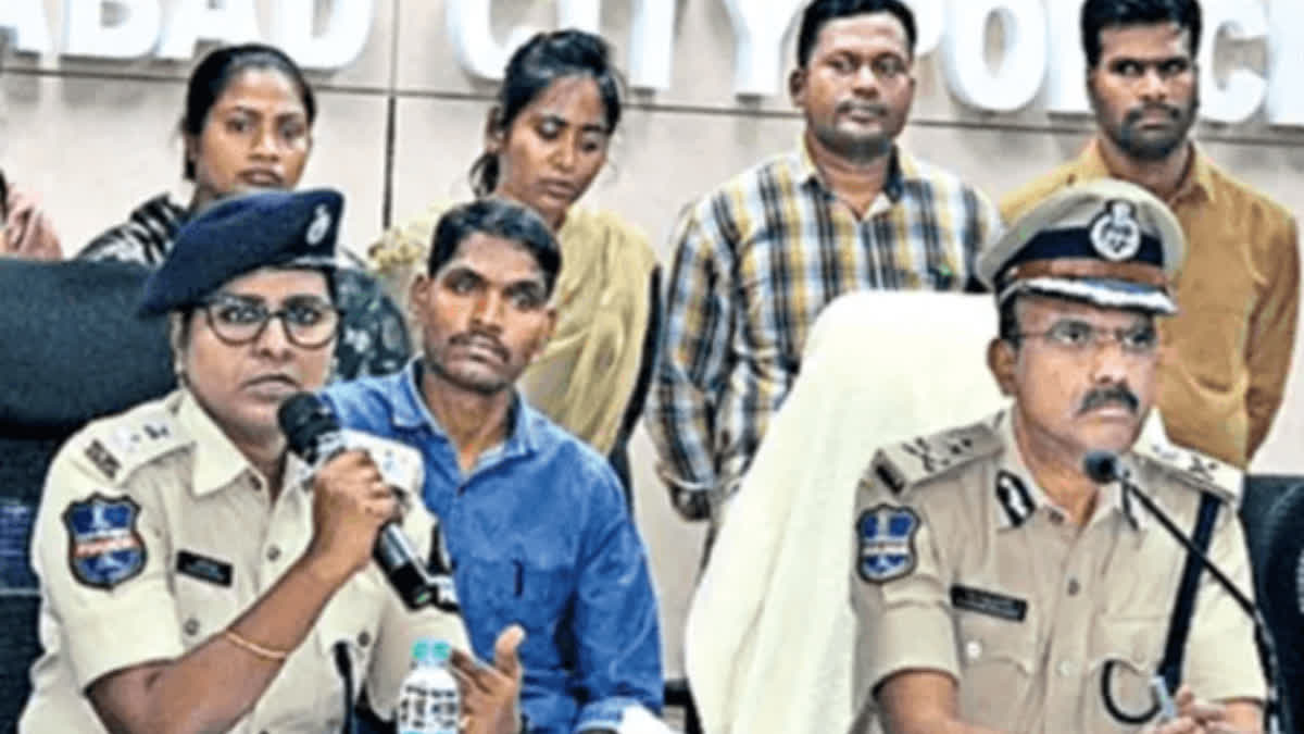 Cybercrime DCP Kavitha Dara and CCS additional CP Vishwa Prasad addresse the media at the City Central Crime Station in Hyderabad on Friday.