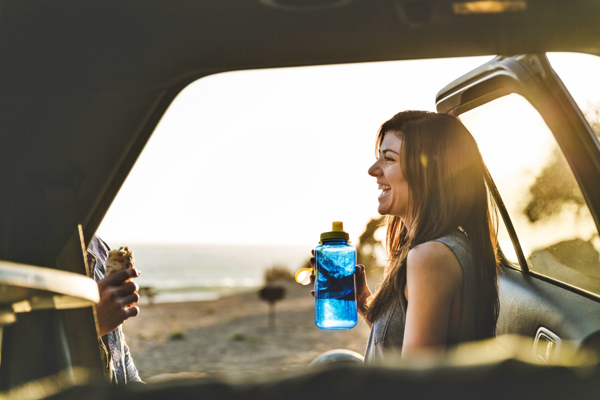 Eating and drinking water on a road trip