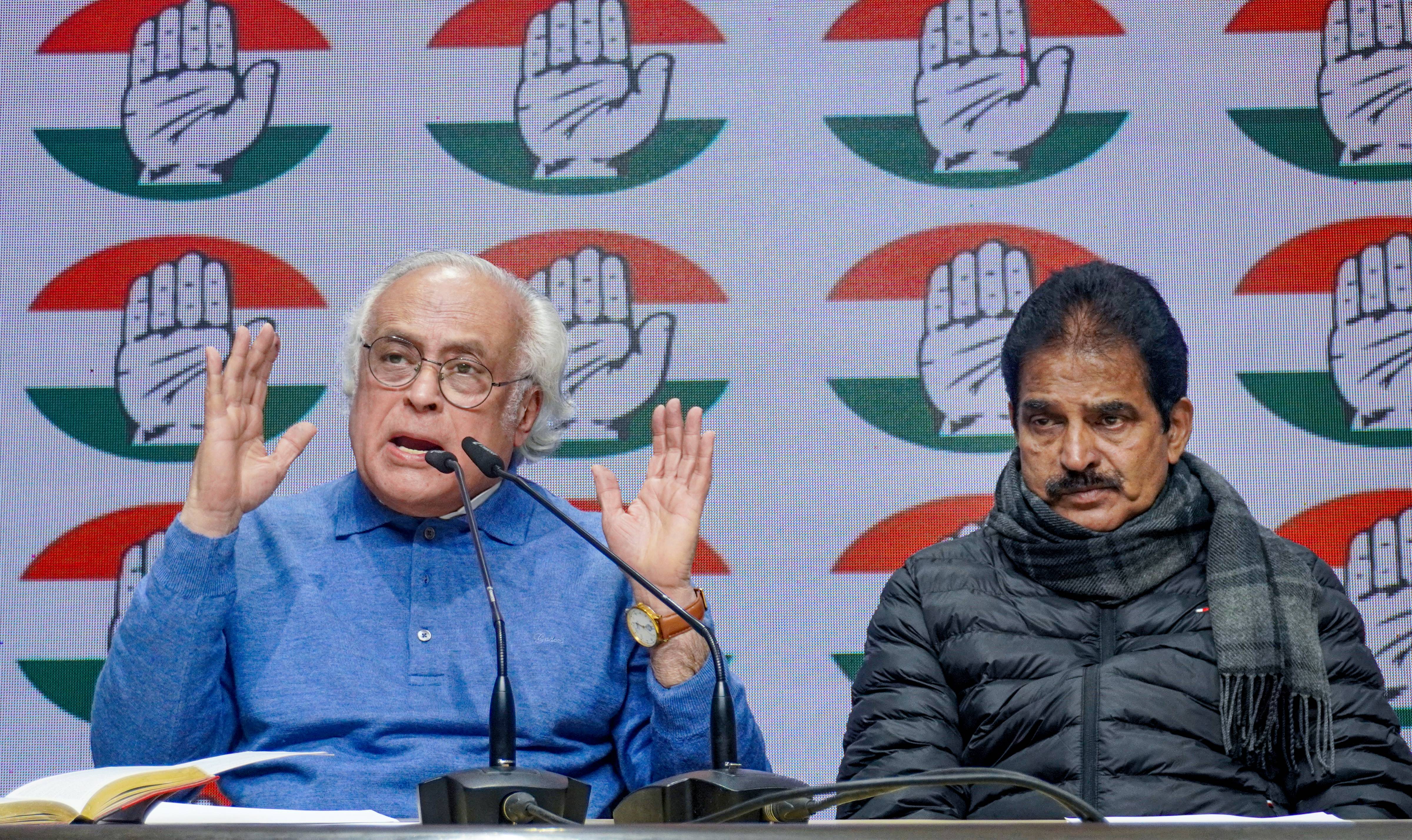 Congress general secretaries  Jairam Ramesh and KC Venugopal at a press conference in party headquarters in New Delhi on Saturday.