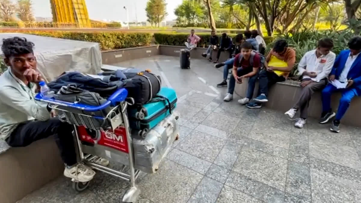 Stranded passengers wait amid cancellation of 350 international flights to the Middle East due to the US-Israel strikes on Iran, at the Chhatrapati Shivaji Maharaj International Airport, in Mumbai, Monday, March 2, 2026.
