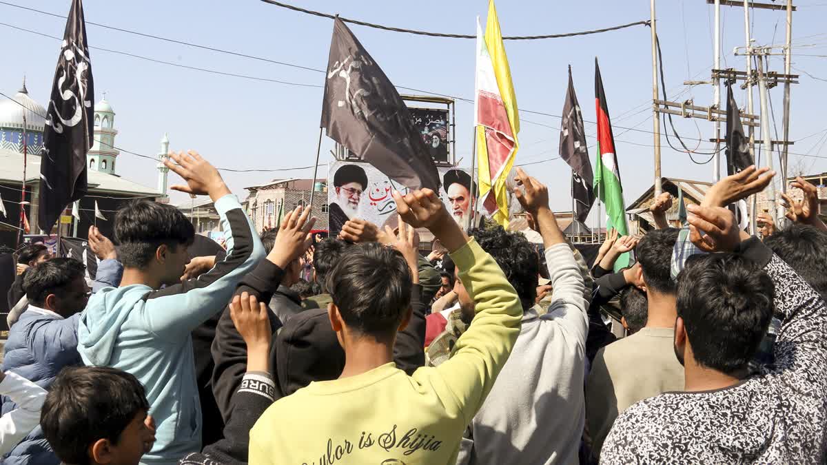 Members of Shia community stage a protest to condemn the death of Ayatollah Ali Khamenei, the supreme leader of Iran, killed in the US-Israeli airstrikes, in Pulwama district, Jammu and Kashmir, Tuesday, March 3, 2026.