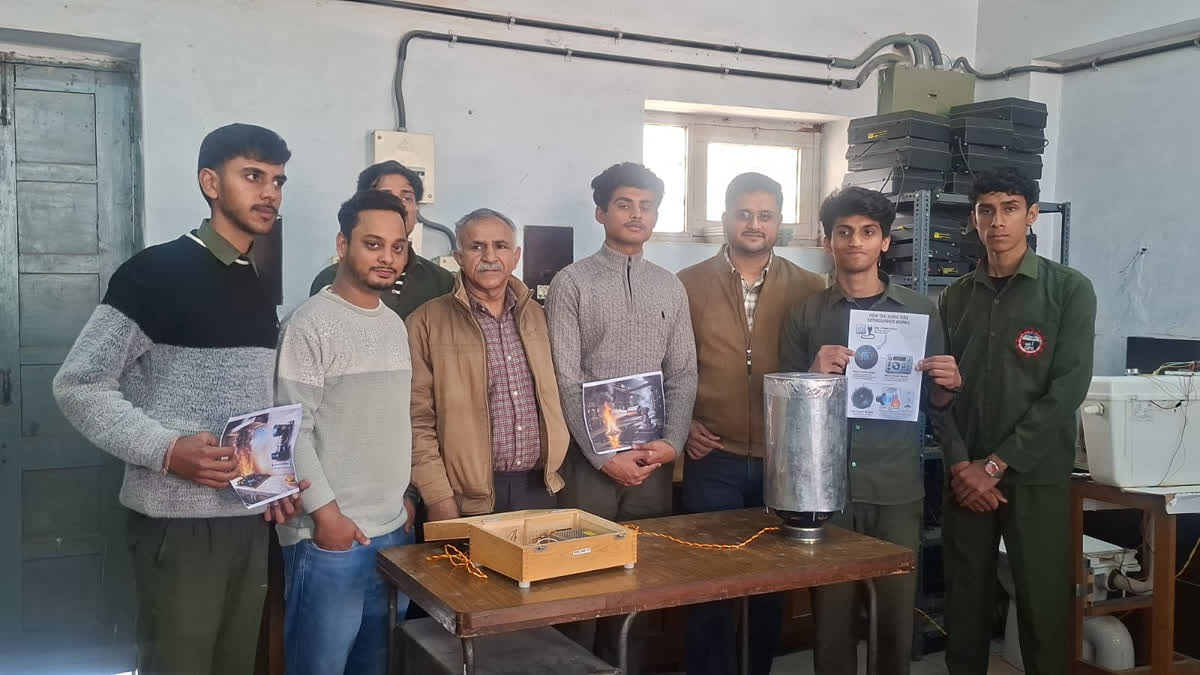 Final-year electrical engineering students demonstrating their sonic fire extinguisher at the Sundernagar Polytechnic laboratory