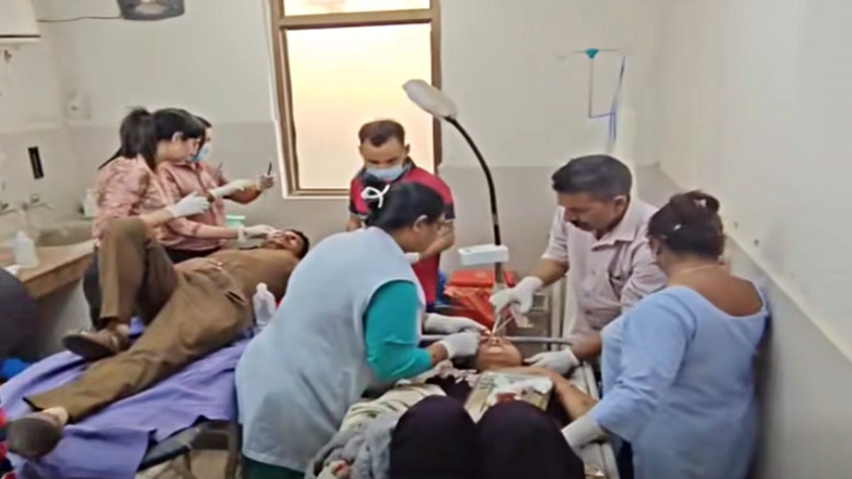 Injured being treated at the hospita after bus overturns near Nurpur