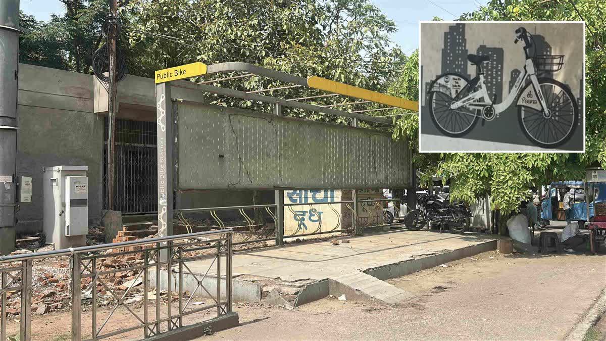 An dilapidated bicycle stand in Gwalior, and (inset) one of the smart bikes