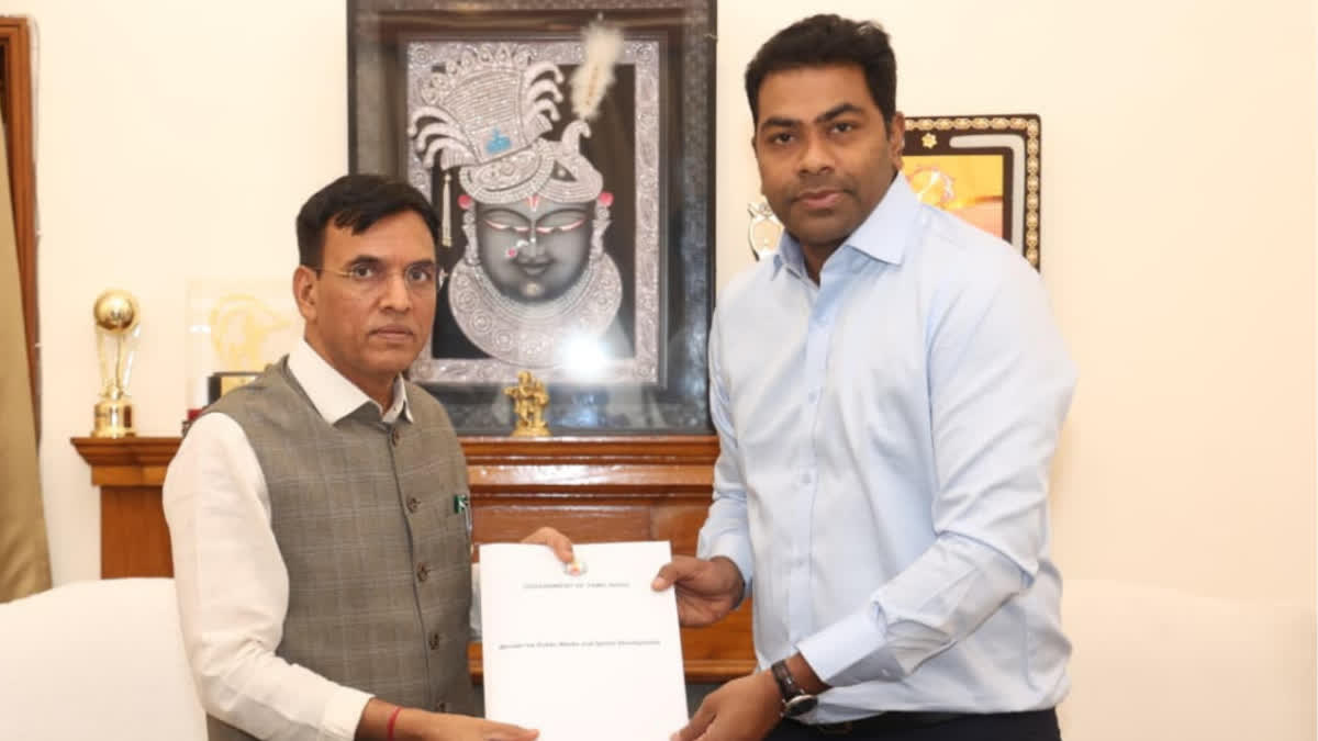 மத்திய அமைச்சர் மன்சுக் மாண்டவியா சந்தித்து மனு அளித்த அமைச்சர் ஆதவ் அர்ஜூனா