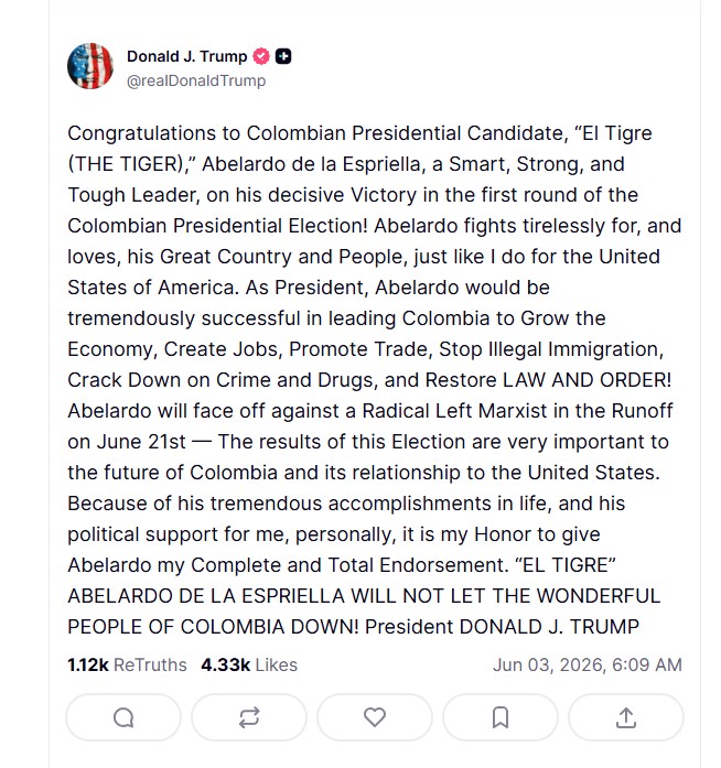Trump backed Colombia Candidate Vows Closer US Ties