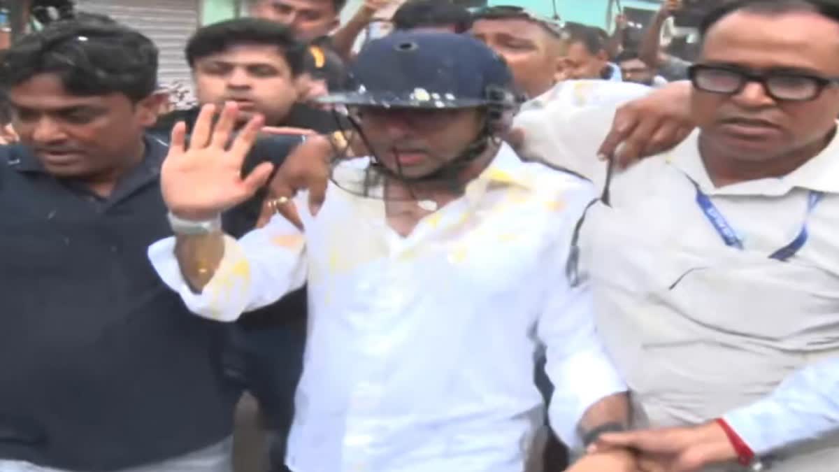 Abhishek Banerjee stepped out wearing a helmet to protect himself from egg attacks.