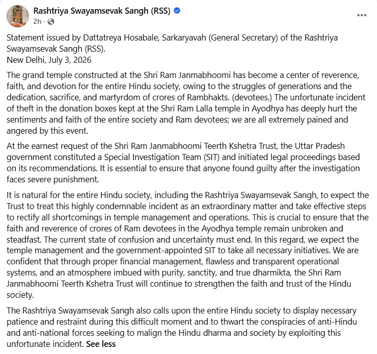 Statement issued by Dattatreya Hosabale, Sarkaryavah (General Secretary) of the Rashtriya Swayamsevak Sangh (RSS)