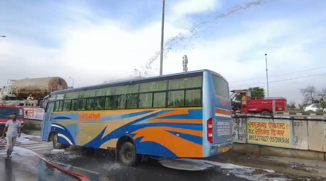 This bus caught fire following a collision