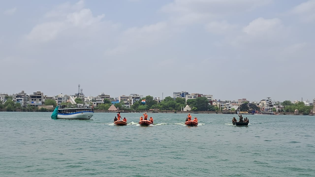 A scene of the mock drill at Kishore Sagar Lake