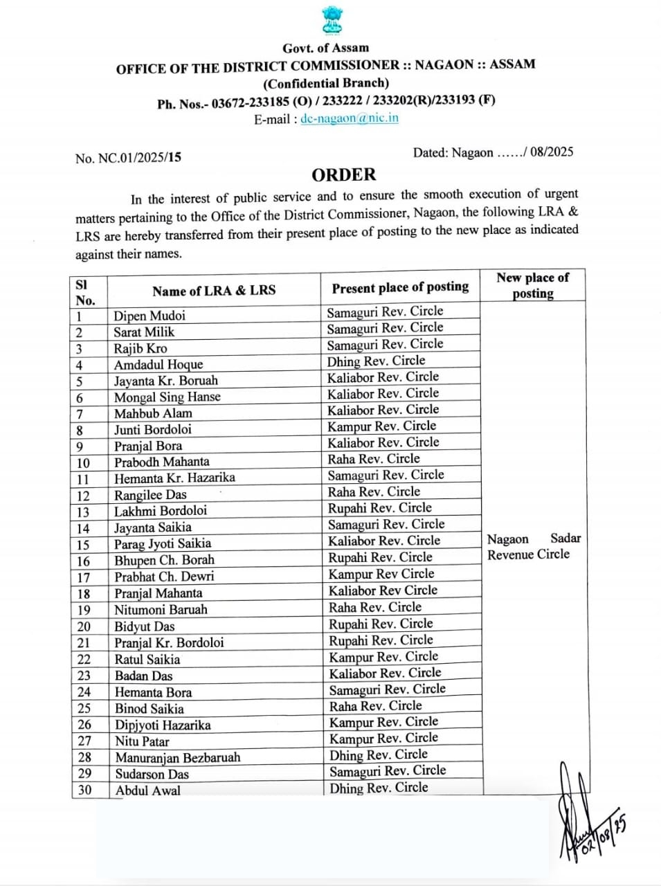 Nagaon lot Mondal reshuffle