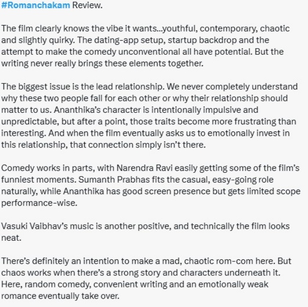 Romanchakam X Review