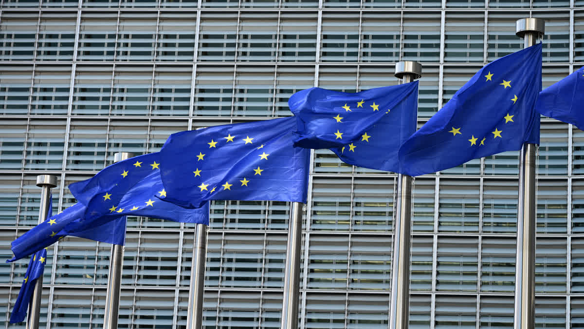European flags fluttering outside the Berlaymon building, the EU Commission headquarters, in Brussels on October 2, 2026.