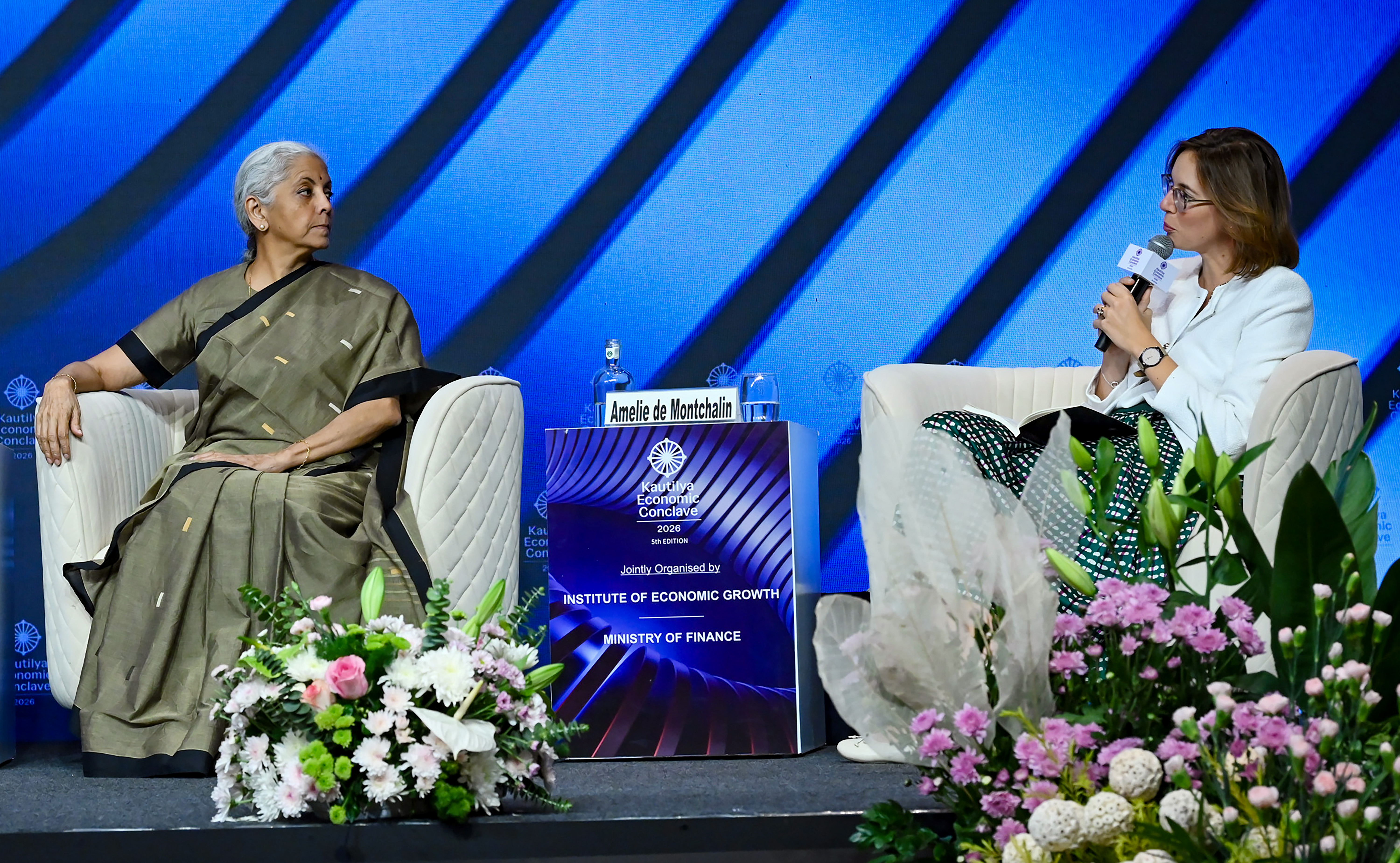 Union Minister for Finance and Corporate Affairs Nirmala Sitharaman (L) attends the 5th Kautilya Economic Conclave, in New Delhi