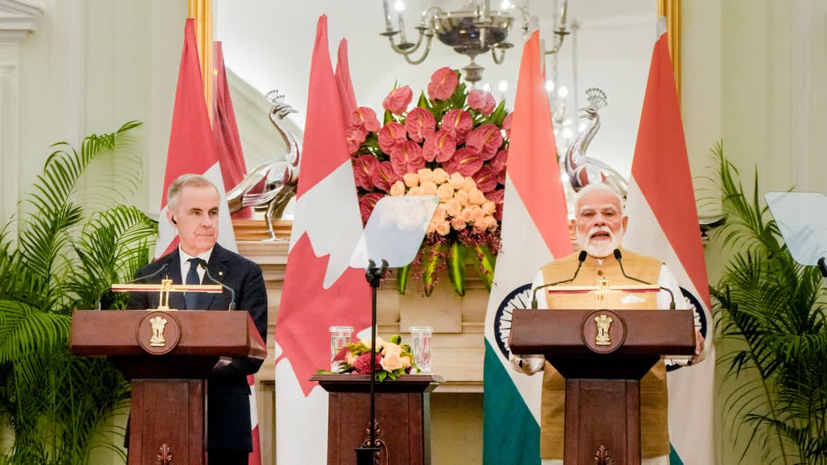 Prime Minister Narendra Modi, right, with Canadian Prime Minister Mark Carney during a joint press meet, at Hyderabad House in New Delhi, Monday, March 2, 2026.