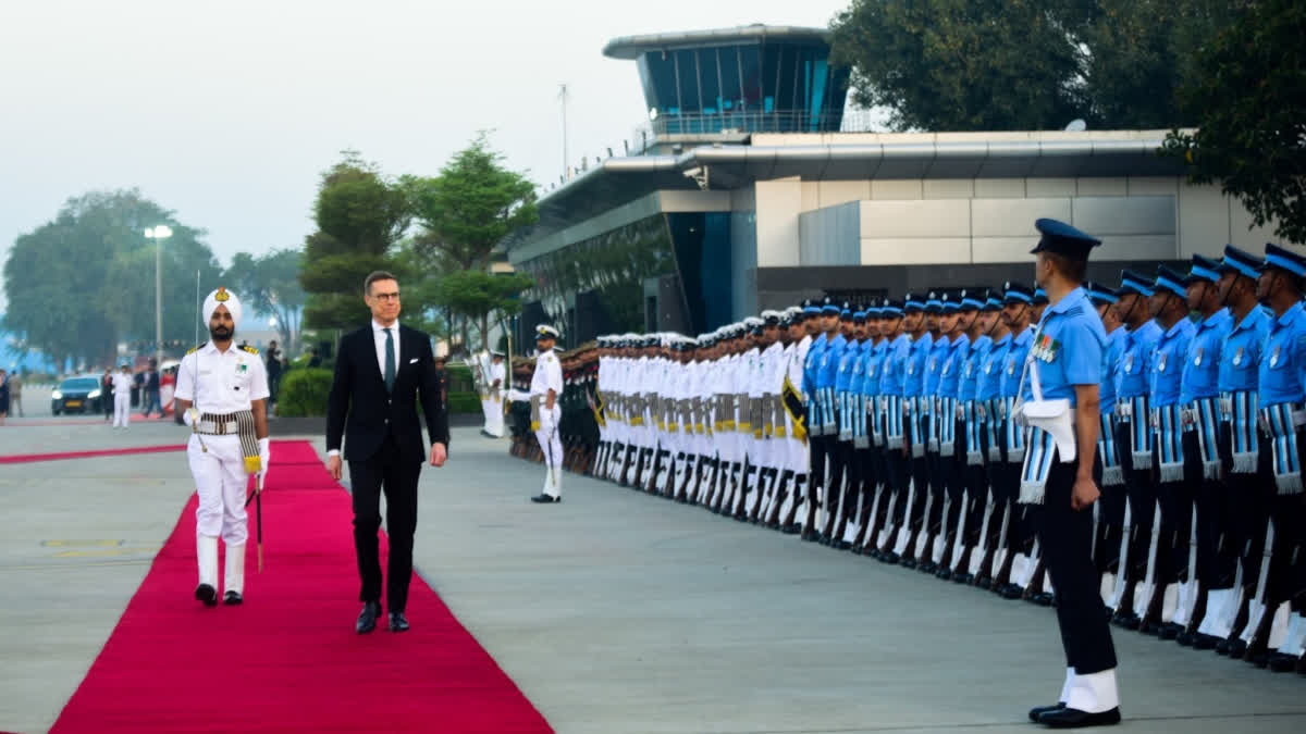 In this image released on March 4, 2026, Finnish President Alexander Stubb being accorded a Guard of Honour upon his arrival at the Palam Air Force Station, in New Delhi.