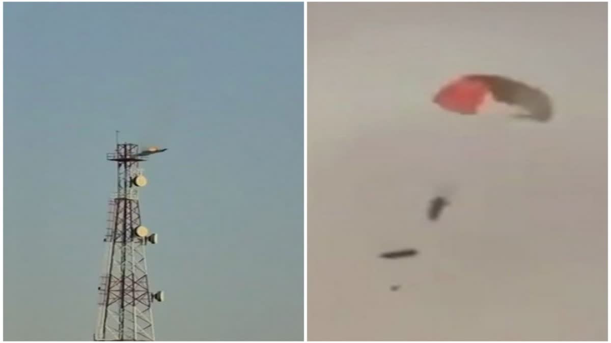 American aircraft destroyed after the attack on Kuwait, while the pilot jumps with a parachute.