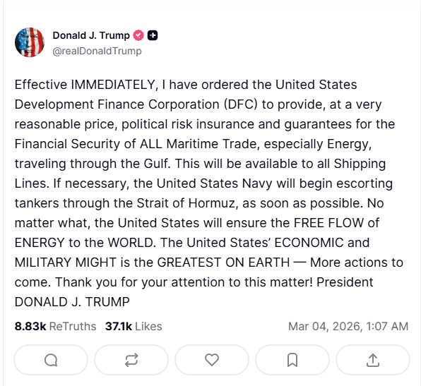 Iran War Trump Says US Navy May Escort Oil Tankers Through Strait Of Hormuz