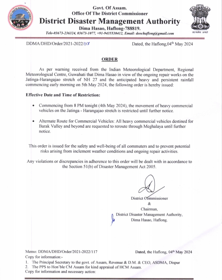 Ban on vehicular movement in Dima Hasao from 8 pm