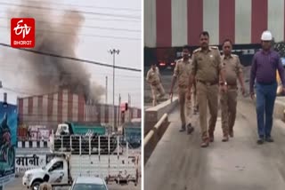 गोरखपुर में सरिया फैक्ट्री में धमाका, जांच करते पुलिस के अधिकारी