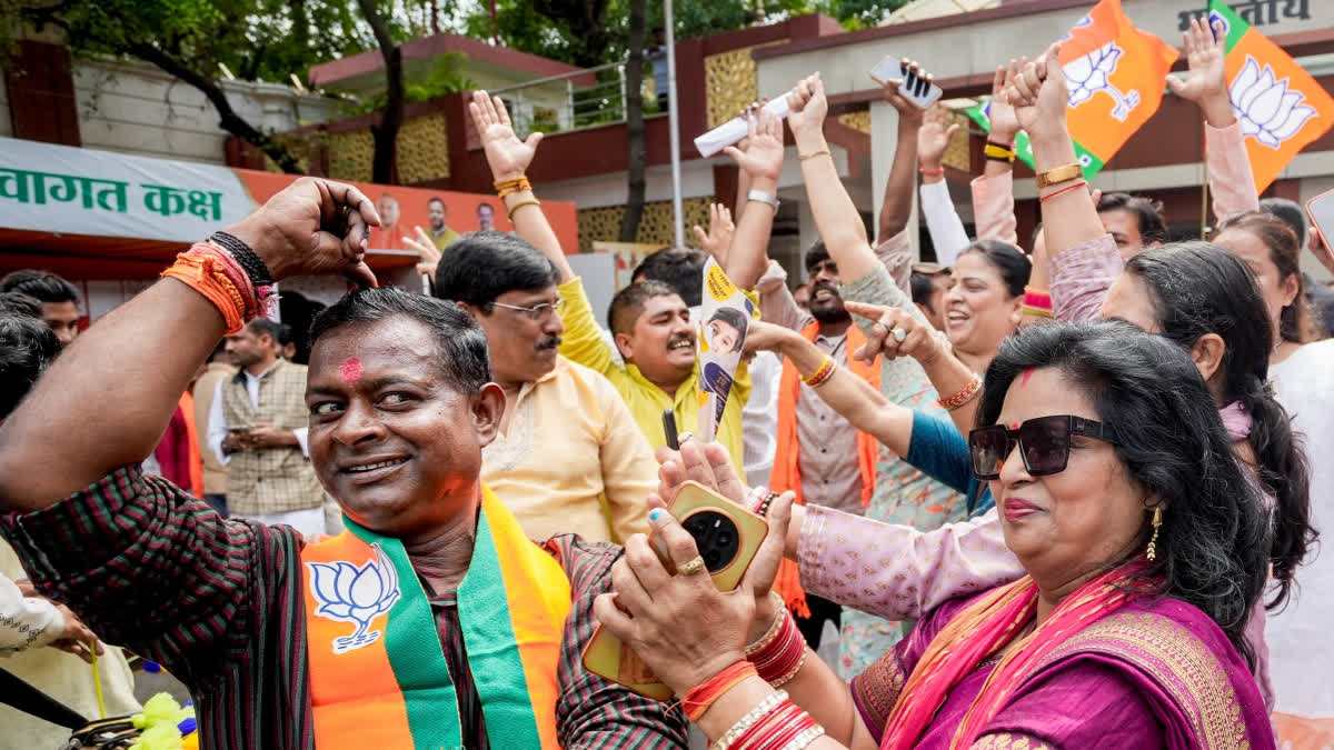 Assam Election 2026: BJP's Bionod Hazarika Wins Chabua-Lahowal Assembly Seat BJP workers celebrate as the party takes lead during Assembly elections result day in West Bengal and Assam, at party headquarters, in Lucknow, Uttar Pradesh, Monday, May 4, 2026.